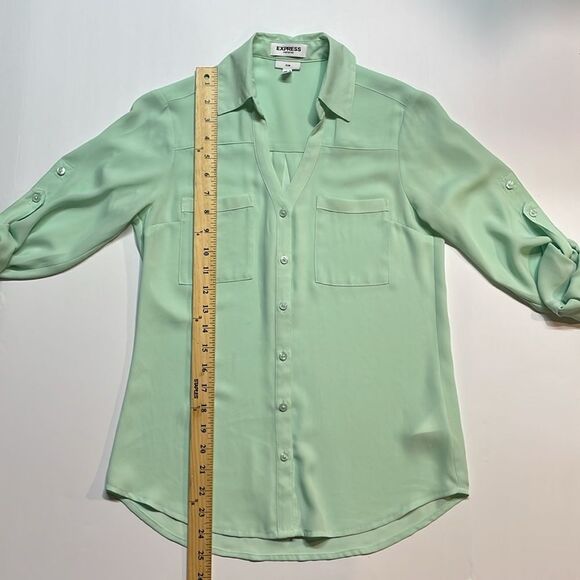 Express Womens Portofino Blouse Mint Green Button Up Long Roll Sleeve Sz XXS - Picture 4 of 6
